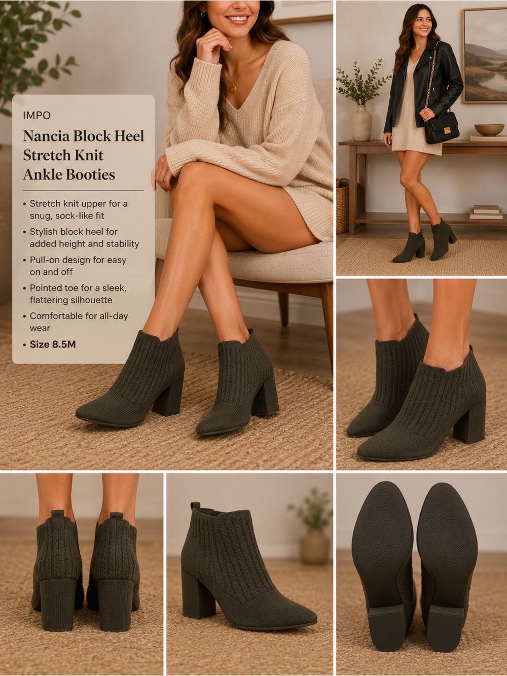 IMPO Nancia Block Heel Stretchβ Knit Ankle Booties NWT Size 8.5M